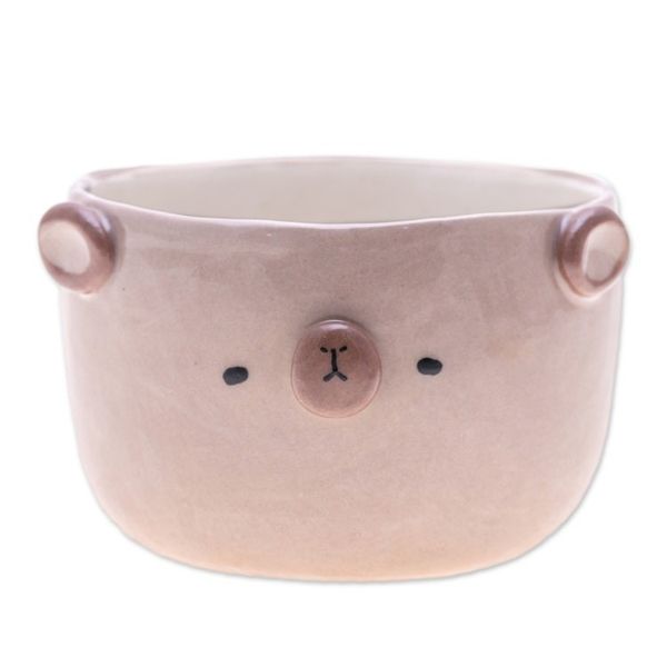 Alternate image for Thai Bear-Themed Glazed Ceramic Flower Pot and Saucer Set Bear Blossoming