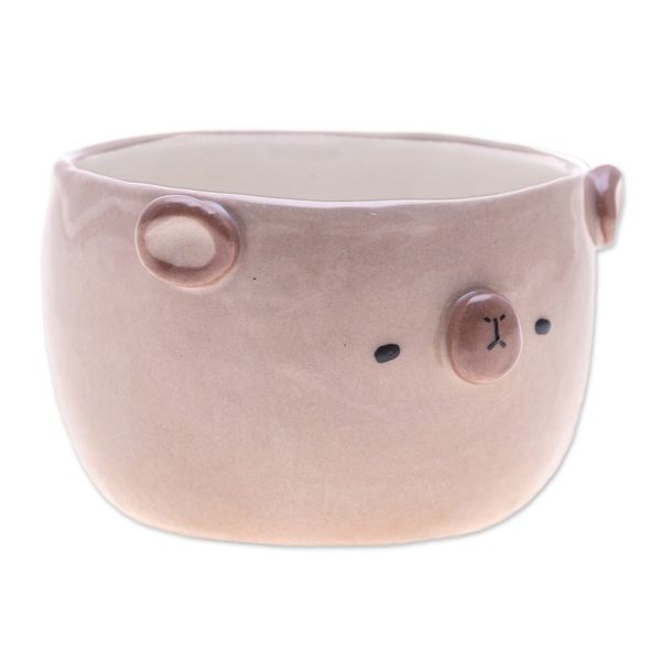 Alternate image for Thai Bear-Themed Glazed Ceramic Flower Pot and Saucer Set Bear Blossoming