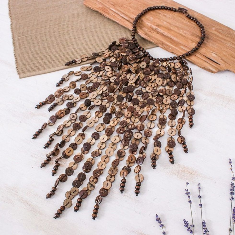 Tropical Wood and Coconut Shell Waterfall Necklace 'Tropical Waterfall'