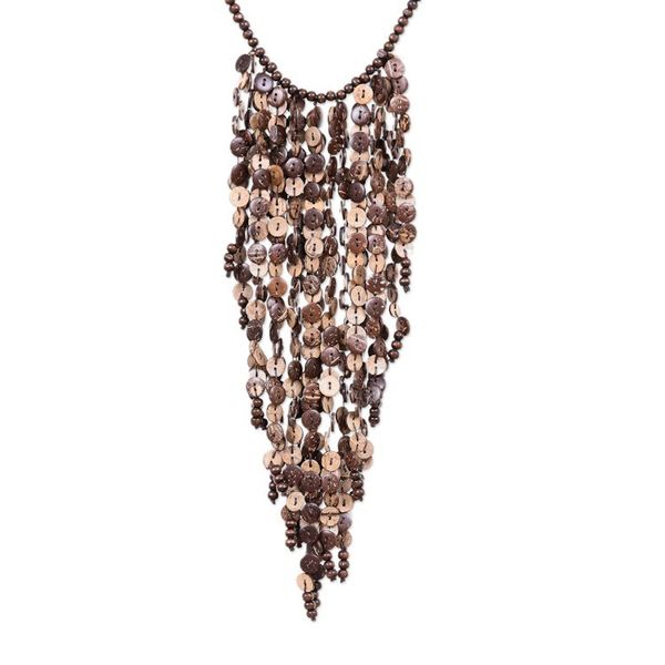 Alternate image for Tropical Wood and Coconut Shell Waterfall Necklace Tropical Waterfall