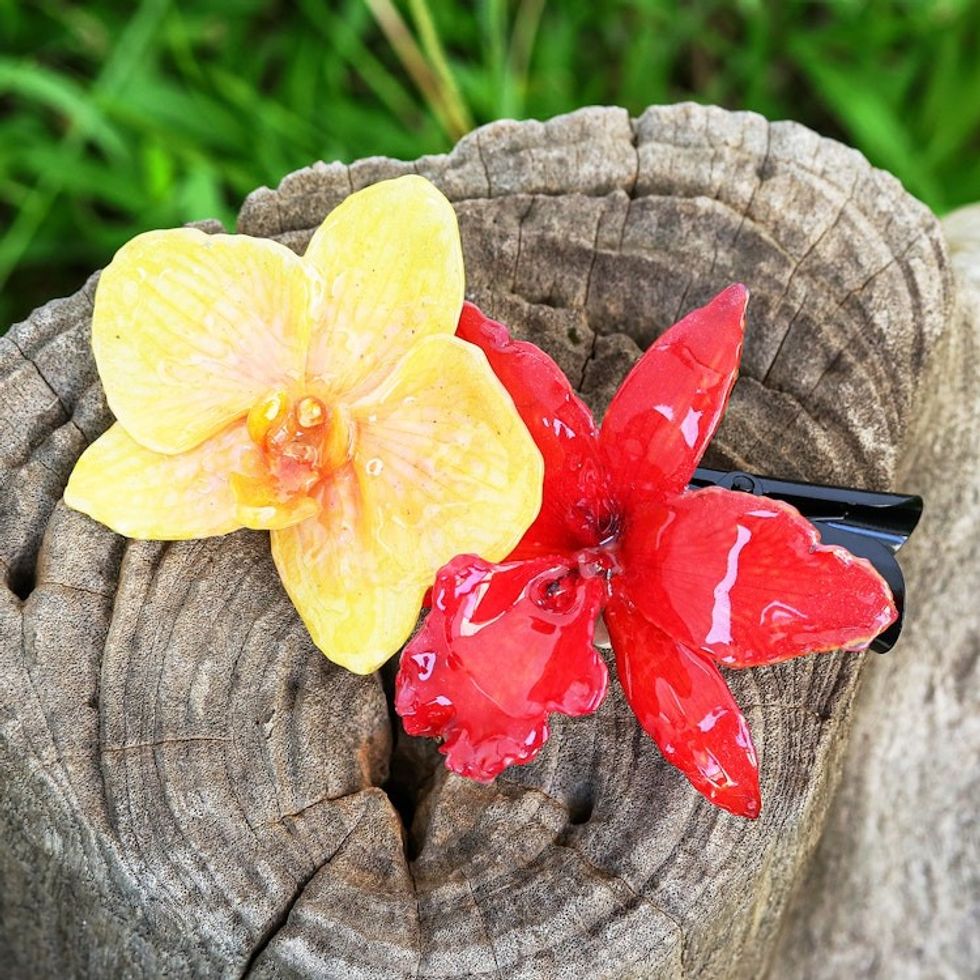Autumn-Inspired Yellow and Red Orchid Flower Resin Hair Clip 'Autumn Belle'