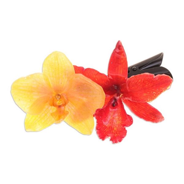 Alternate image for Autumn-Inspired Yellow and Red Orchid Flower Resin Hair Clip Autumn Belle