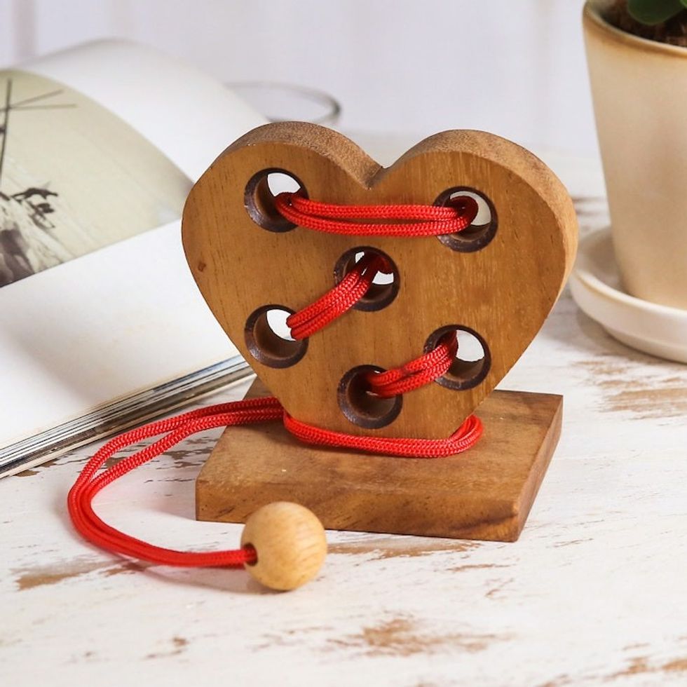 Handcrafted Heart-Shaped Wood Disentanglement Puzzle Game 'Heart Embrace'