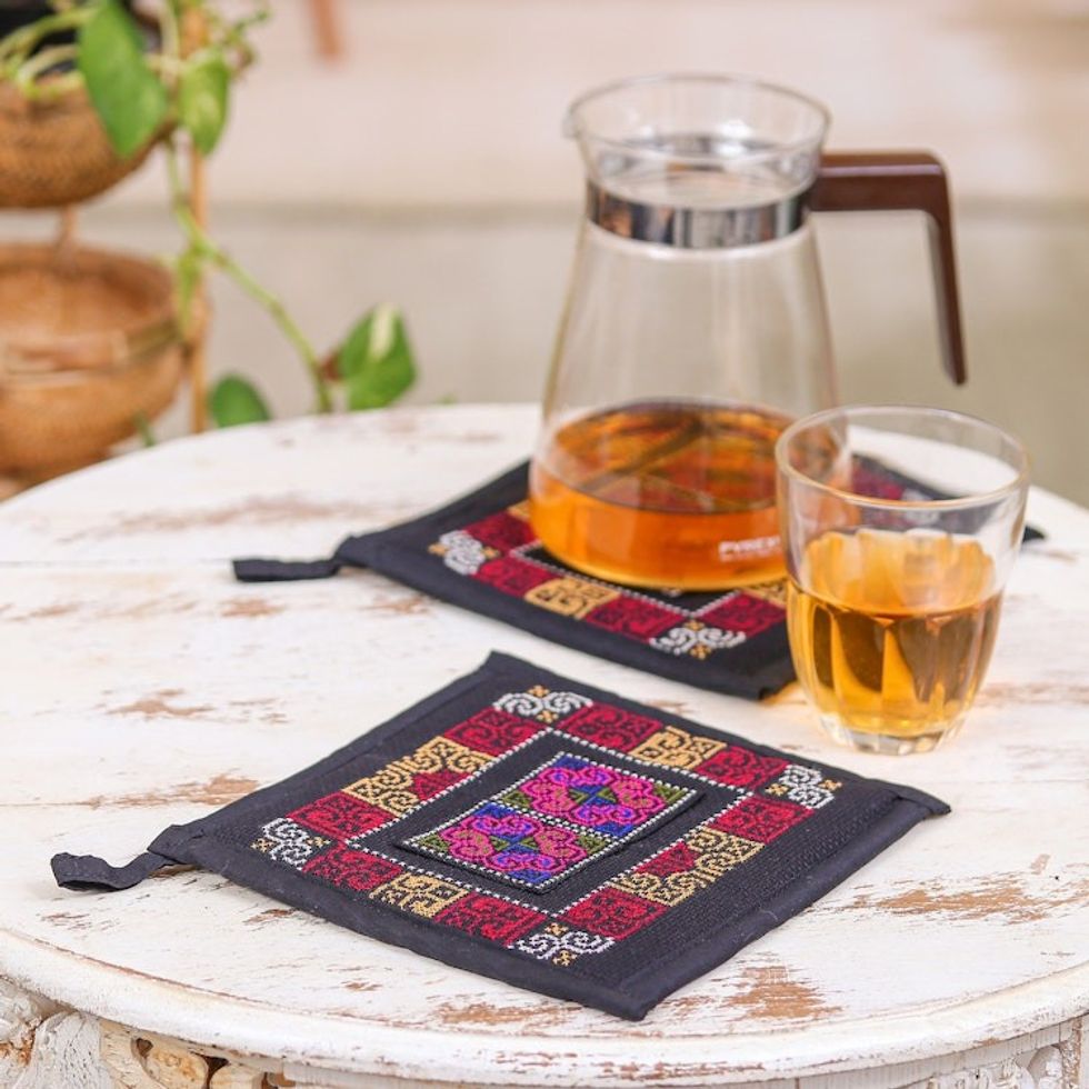 Two Cotton Blend Trivets with Hmong Hill Tribe Embroidery 'Hmong Cooking in Black'
