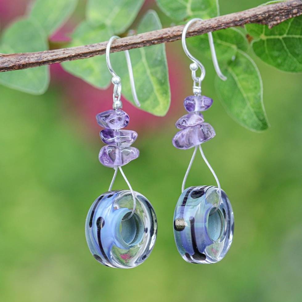 Clear Blue Glass Dangle Earrings with Purple Quartz Chips 'Twilight Wheels'