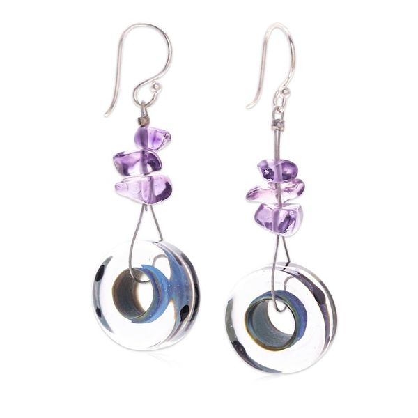 Alternate image for Clear Blue Glass Dangle Earrings with Purple Quartz Chips Twilight Wheels