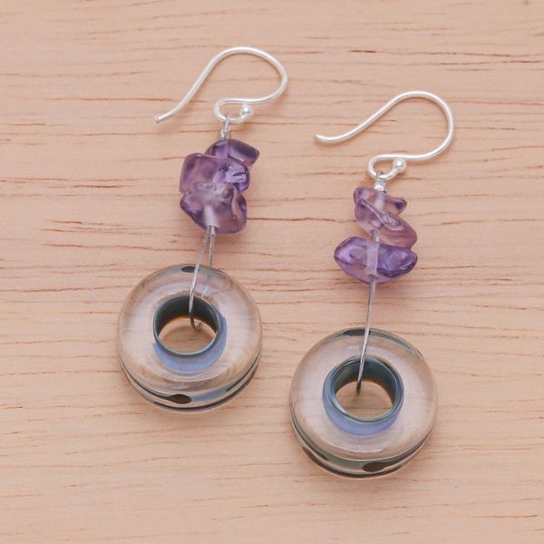 Alternate image for Clear Blue Glass Dangle Earrings with Purple Quartz Chips Twilight Wheels