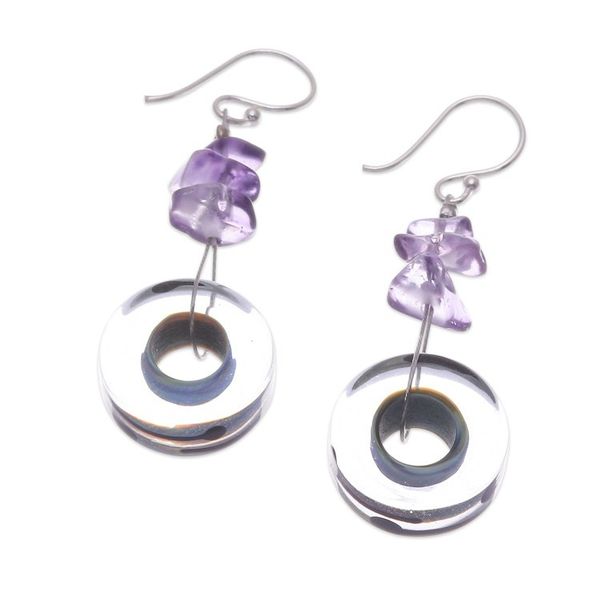 Alternate image for Clear Blue Glass Dangle Earrings with Purple Quartz Chips Twilight Wheels