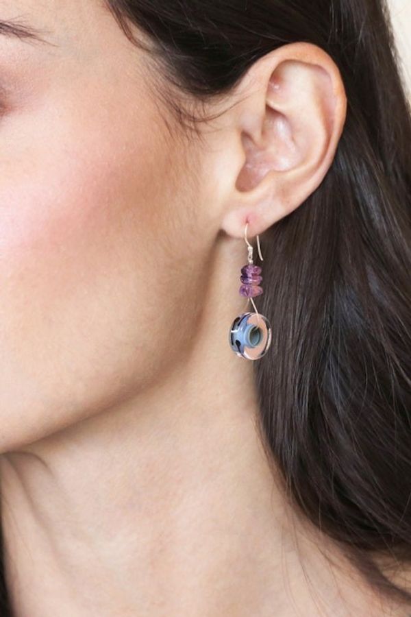 Alternate image for Clear Blue Glass Dangle Earrings with Purple Quartz Chips Twilight Wheels