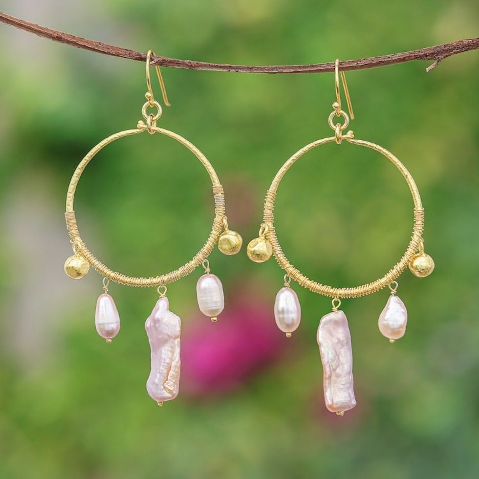 18k Gold-Plated Cultured Pearl Statement Chandelier Earrings 'Pop of Pink'