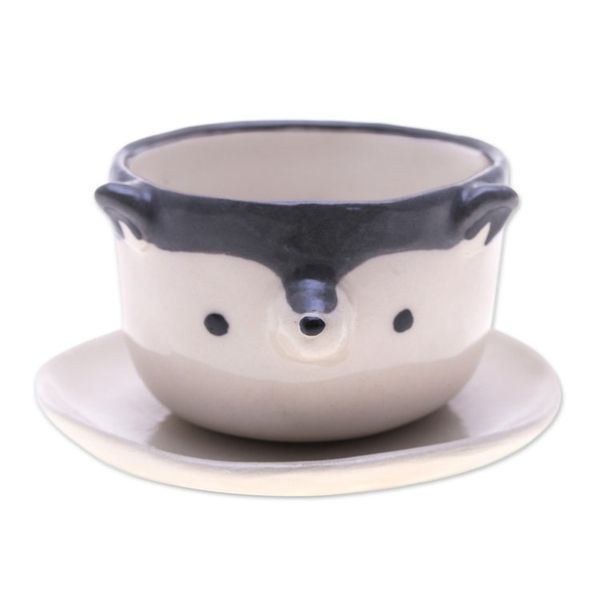 Alternate image for Hand-Painted Ceramic Wolf Mini Flower Pot and Saucer Small Wolf Spring