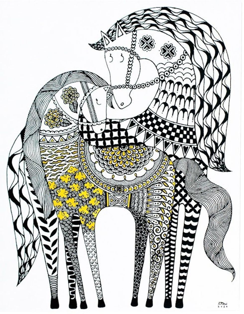 Traditional Black and Yellow Horse Acrylic Painting 'Bond of Love'