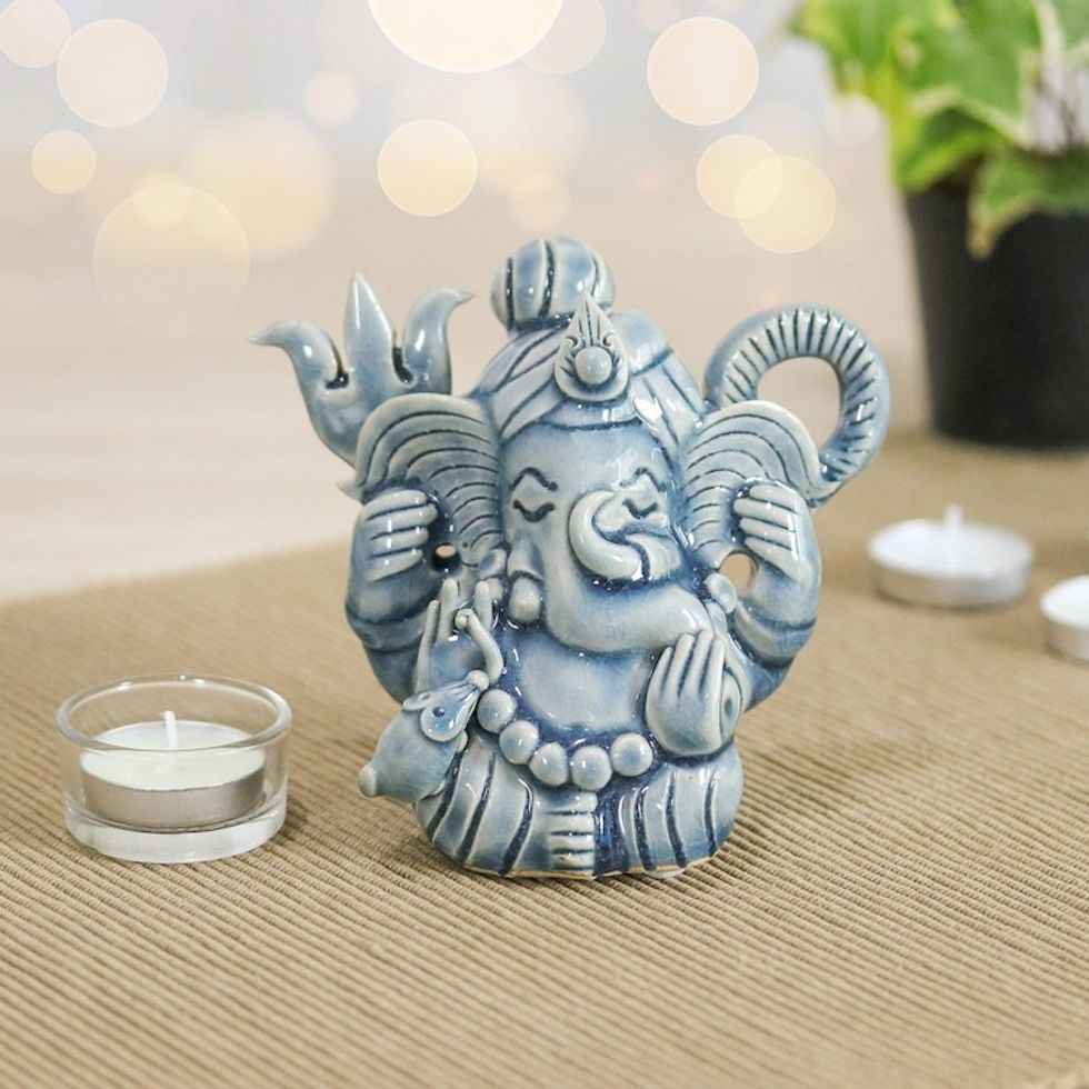 Traditional Crackled Blue Celadon Ceramic Ganesha Sculpture 'Ganesha Divinity'