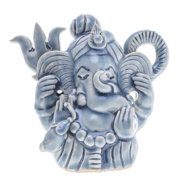 Alternate image for Traditional Crackled Blue Celadon Ceramic Ganesha Sculpture Ganesha Divinity