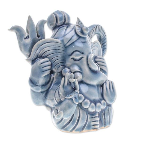 Alternate image for Traditional Crackled Blue Celadon Ceramic Ganesha Sculpture Ganesha Divinity