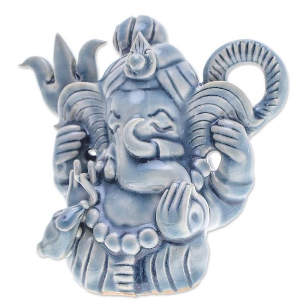 Alternate image for Traditional Crackled Blue Celadon Ceramic Ganesha Sculpture Ganesha Divinity