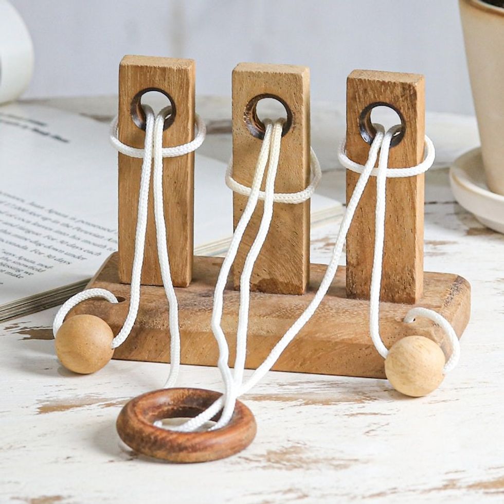 Handcrafted Wood and Nylon Disentanglement Puzzle Game 'Three Challenges'