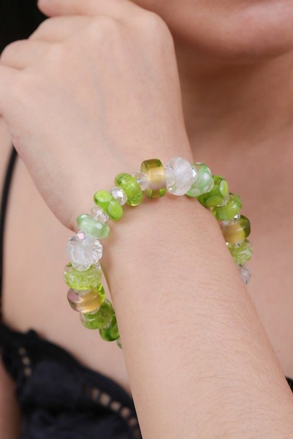 Alternate image for Art Glass and Crystal Beaded Stretch Bracelet in Light Green Dazzling Spell