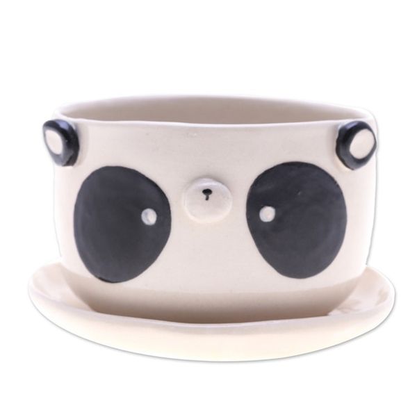 Alternate image for Hand-Painted Panda-Shaped Ceramic Flower Pot and Saucer Set Panda Blossoming