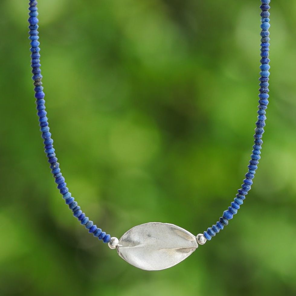 Lapis Lazuli Silver Beaded Pendant Necklace with Leaf Motif 'Leafy Dream'