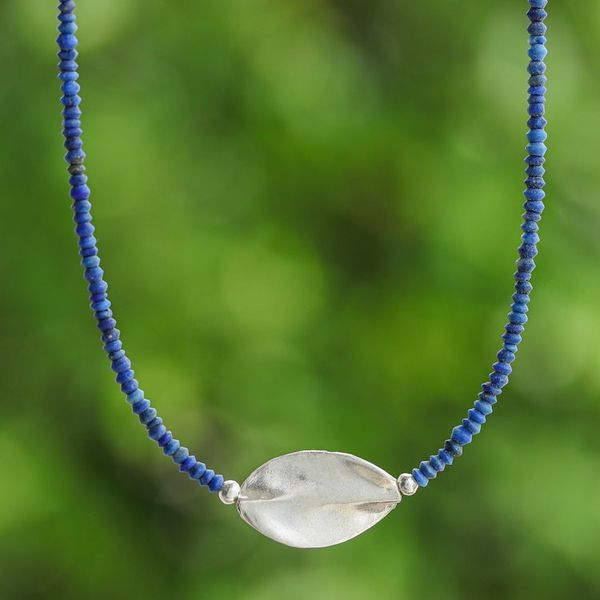 Alternate image for Lapis Lazuli Silver Beaded Pendant Necklace with Leaf Motif Leafy Dream