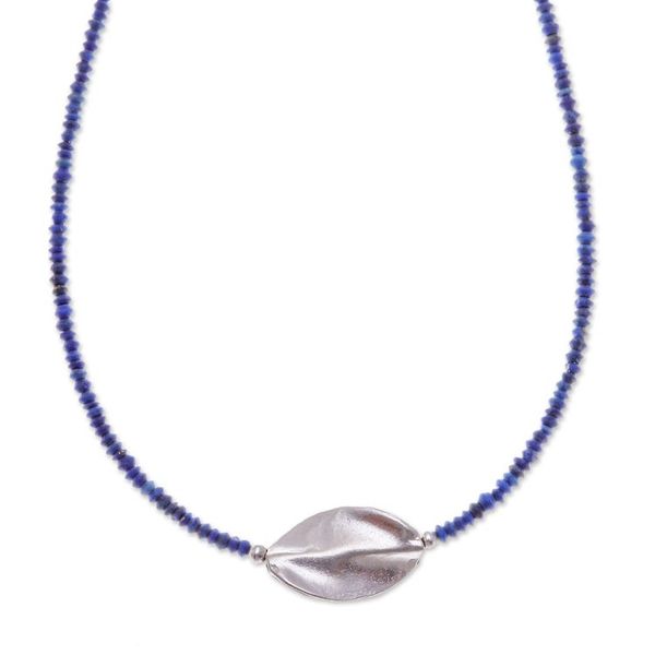 Alternate image for Lapis Lazuli Silver Beaded Pendant Necklace with Leaf Motif Leafy Dream