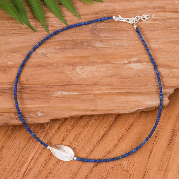 Alternate image for Lapis Lazuli Silver Beaded Pendant Necklace with Leaf Motif Leafy Dream