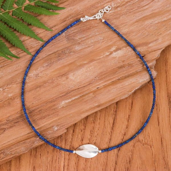 Alternate image for Lapis Lazuli Silver Beaded Pendant Necklace with Leaf Motif Leafy Dream