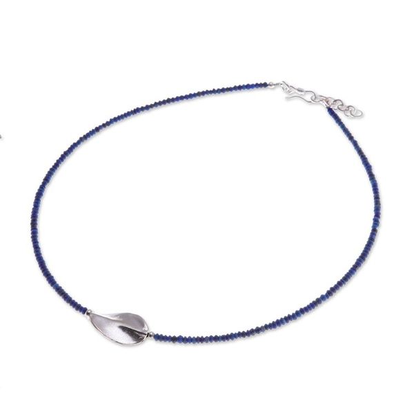 Alternate image for Lapis Lazuli Silver Beaded Pendant Necklace with Leaf Motif Leafy Dream