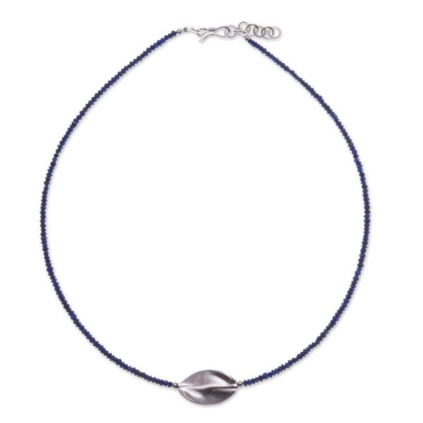 Alternate image for Lapis Lazuli Silver Beaded Pendant Necklace with Leaf Motif Leafy Dream