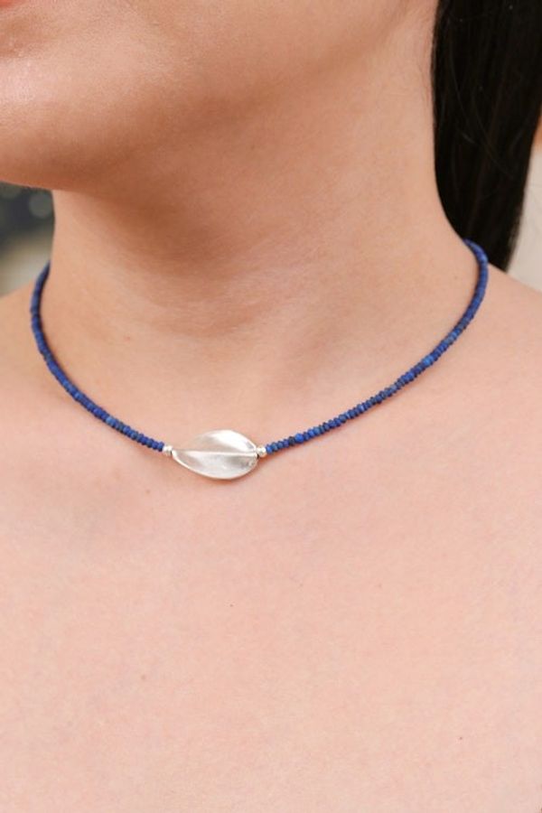 Alternate image for Lapis Lazuli Silver Beaded Pendant Necklace with Leaf Motif Leafy Dream