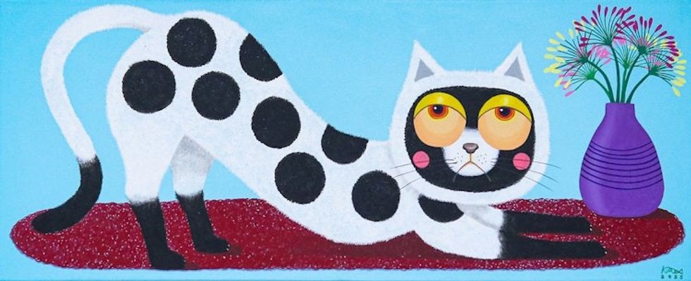 Signed Whimsical Naif Acrylic Painting of a Spotted Cat 'Nine Spotted'