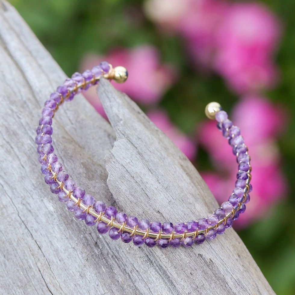 Purple Amethyst Beaded Cuff Bracelet Handmade in Thailand 'Life of Wisdom'