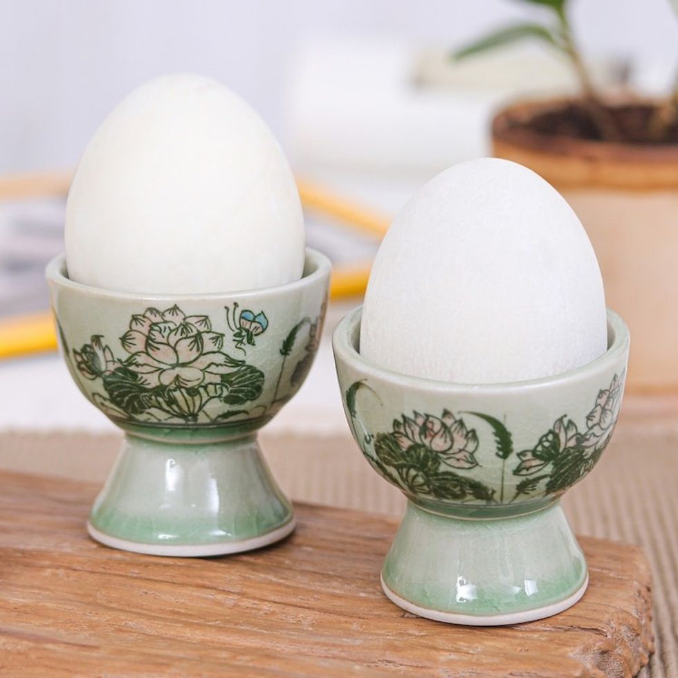 Pair of Handmade Lotus Green Celadon Ceramic Egg Cups 'Luxuriant Lotus'