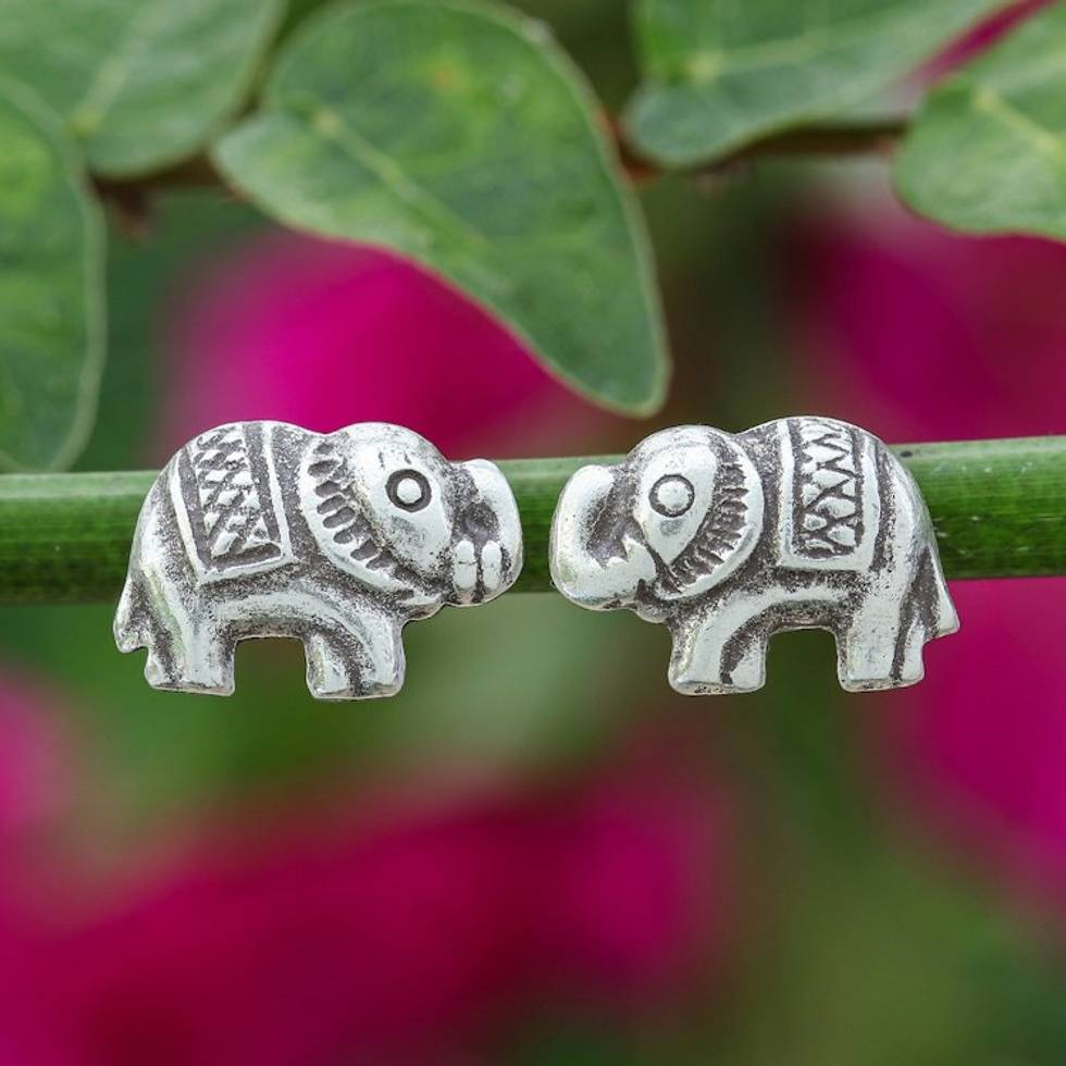 Sterling Silver Elephant Stud Earrings with Darkened Accents 'Posh Elephant'