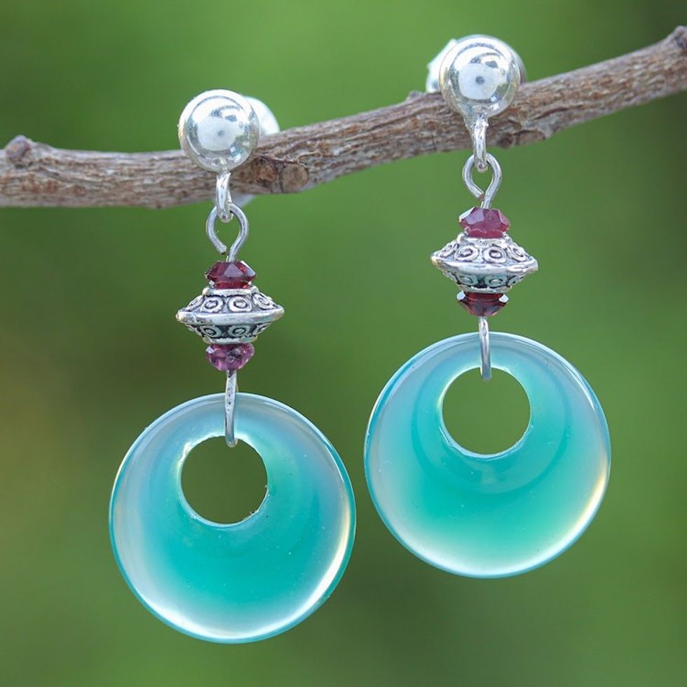 Sterling Silver Dangle Earrings with Green Onyx and Garnet 'Green Loops'