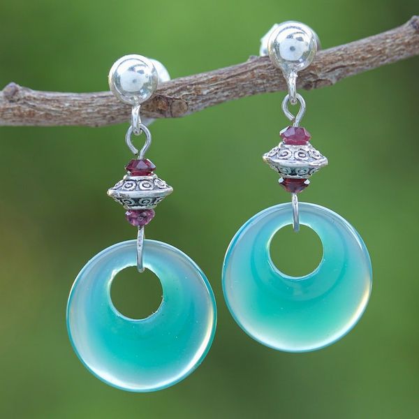 Alternate image for Sterling Silver Dangle Earrings with Green Onyx and Garnet Green Loops