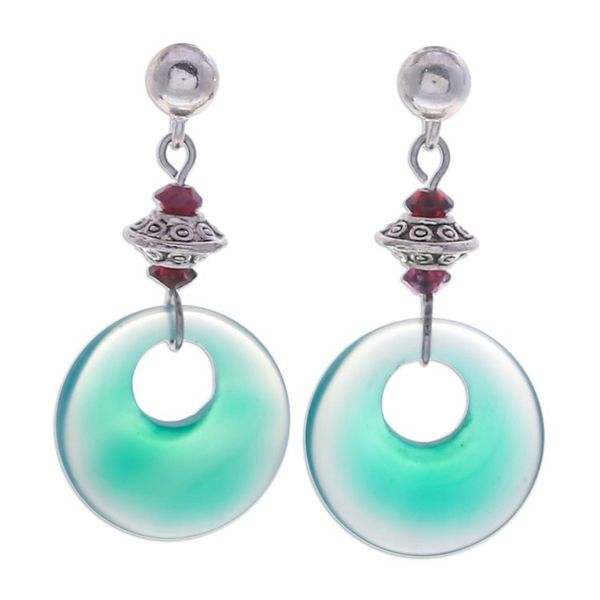 Alternate image for Sterling Silver Dangle Earrings with Green Onyx and Garnet Green Loops