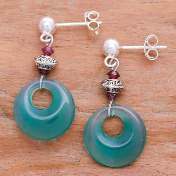 Alternate image for Sterling Silver Dangle Earrings with Green Onyx and Garnet Green Loops
