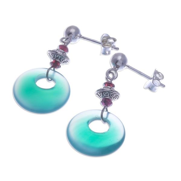 Alternate image for Sterling Silver Dangle Earrings with Green Onyx and Garnet Green Loops