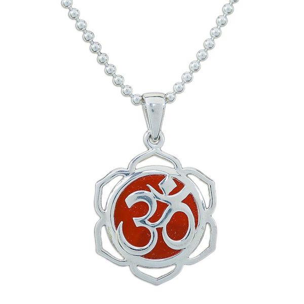 Alternate image for Floral Om-Themed Carnelian Pendant Necklace from Thailand Sacred Fire Bloom