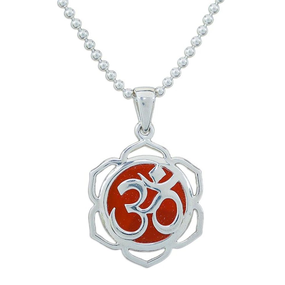 Floral Om-Themed Carnelian Pendant Necklace from Thailand 'Sacred Fire Bloom'