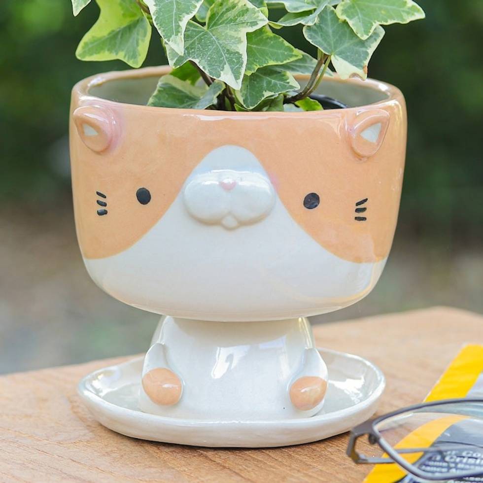 Cat-Shaped Ivory Orange Ceramic Mini Flower Pot with Saucer 'Enchanting Kitty'