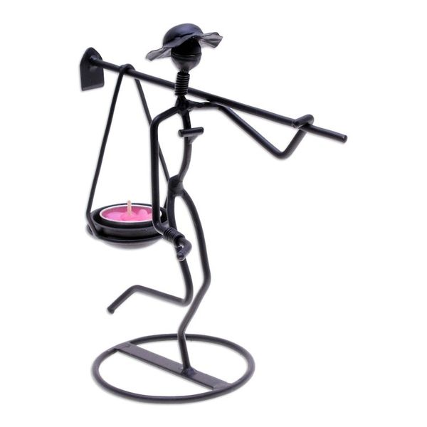 Alternate image for Modern Iron Tealight Holder of Man Carrying Weight in Black On my Way