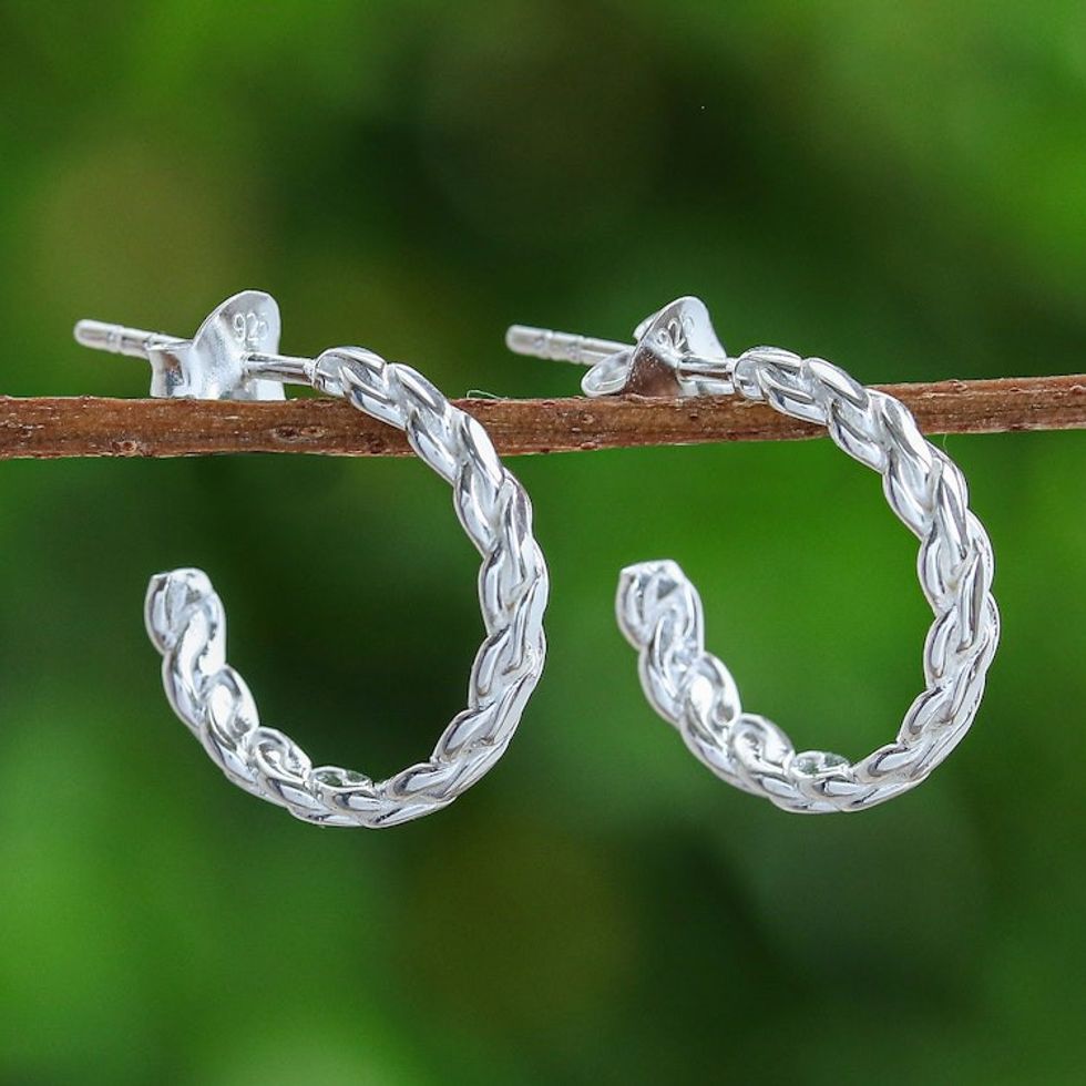 High-Polished Rope-Shaped Sterling Silver Half-Hoop Earrings 'Curled Times'