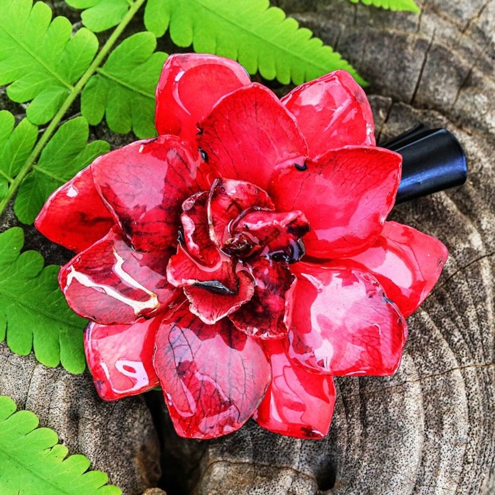 Natural Red Gardenia Flower Hair Clip Handmade in Thailand 'Gardenia Passion'