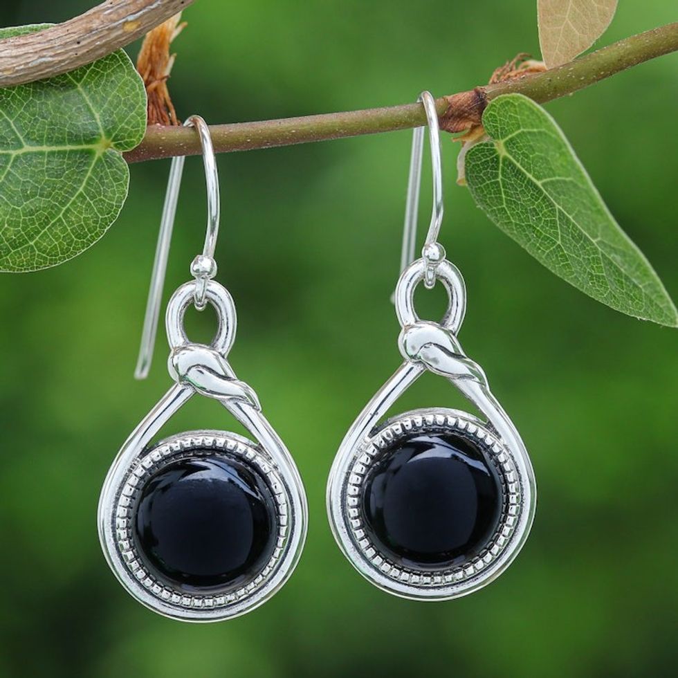 Knot Pattern Black Onyx Dangle Earrings from Thailand 'Enigmatic Knot'