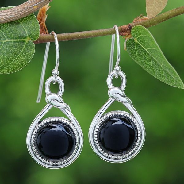 Alternate image for Knot Pattern Black Onyx Dangle Earrings from Thailand Enigmatic Knot