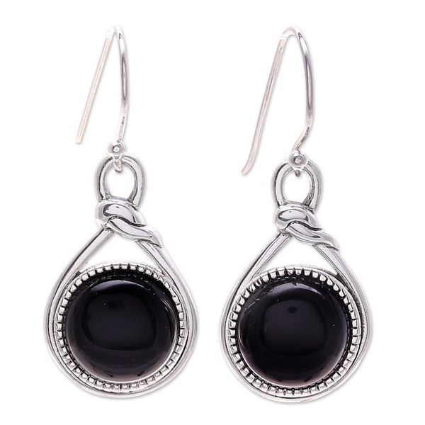 Alternate image for Knot Pattern Black Onyx Dangle Earrings from Thailand Enigmatic Knot