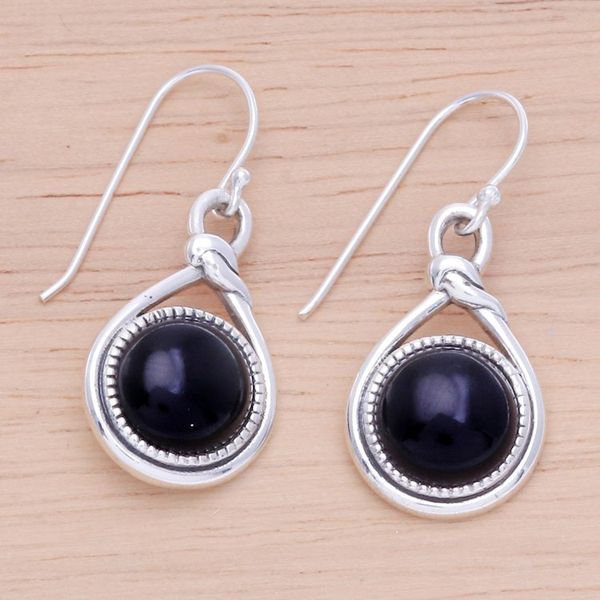 Alternate image for Knot Pattern Black Onyx Dangle Earrings from Thailand Enigmatic Knot
